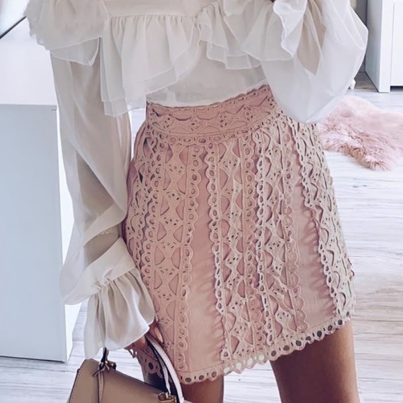 Cotton Guipure Lace High Waist Pink Skirt - Picture 3 of 12